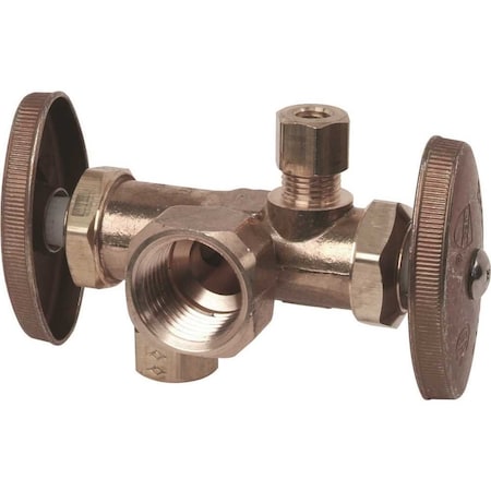 Brasscraft 1/2in. FIP Inlet x3/8in. O.D.Comp x 3/8in. O.D.Comp Dual Outlet Dual Shut-Off Multi-Turn Angle Valve R1701DVX R